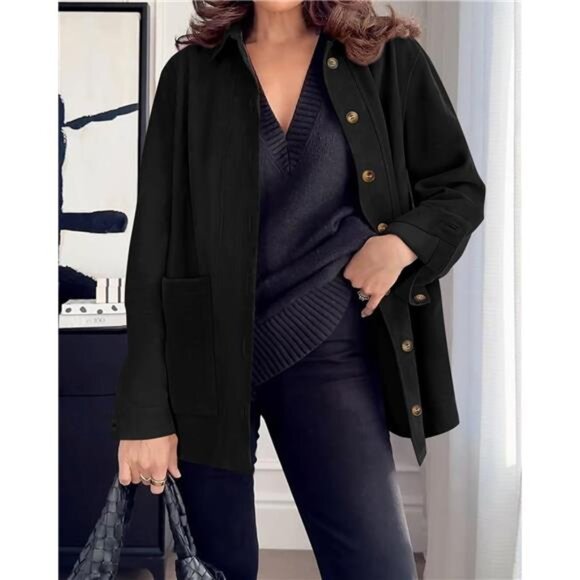 Faux Suede Jacket Button Down Shackets Black - Picture 5 of 6